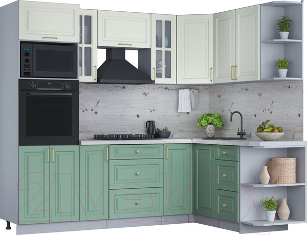 Изображение товара Кухонный гарнитур Интерлиния Мила Шато 1.68x2.4 ВТ правая (белый/мята/бискайская сосна)