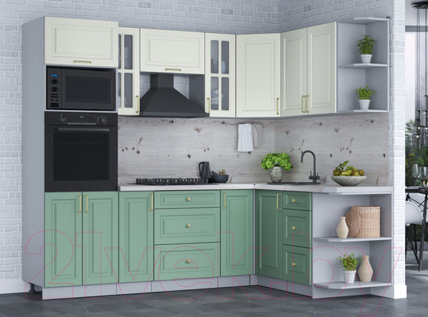 Изображение товара Кухонный гарнитур Интерлиния Мила Шато 1.68x2.4 ВТ правая (белый/мята/бискайская сосна)