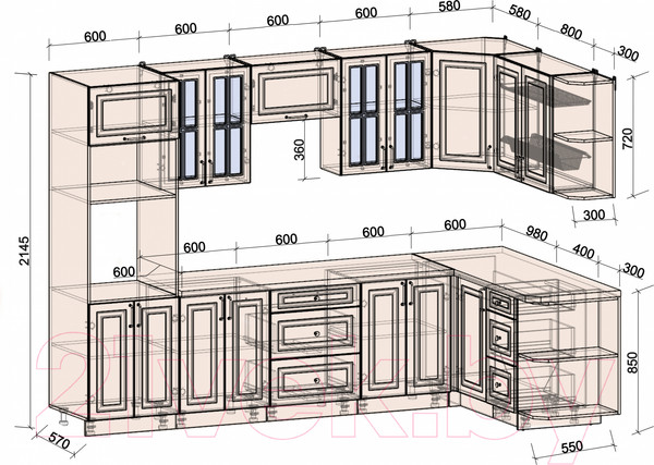 Изображение товара Кухонный гарнитур Интерлиния Мила Шато 1.68x3.0 ВТ правая (мята/мята/дуб бунратти)