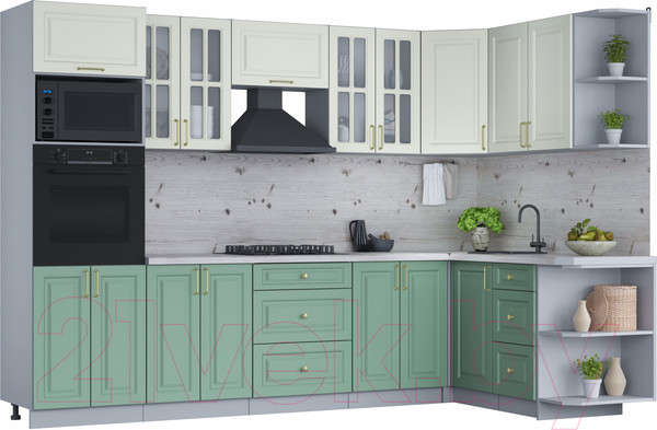 Изображение товара Кухонный гарнитур Интерлиния Мила Шато 1.68x3.0 ВТ правая (белый/мята/бискайская сосна)