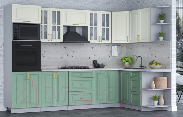 Изображение товара Кухонный гарнитур Интерлиния Мила Шато 1.68x3.0 ВТ правая (белый/мята/бискайская сосна)