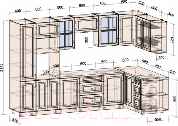Изображение товара Кухонный гарнитур Интерлиния Мила Шато 1.68x3.2 ВТ правая (луна/луна/бискайская сосна)
