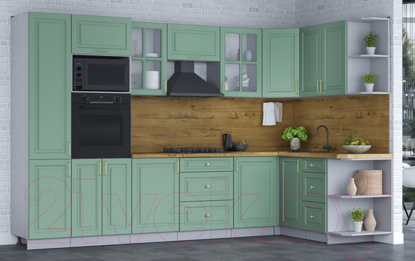 Изображение товара Кухонный гарнитур Интерлиния Мила Шато 1.68x3.2 ВТ правая (мята/мята/дуб бунратти)