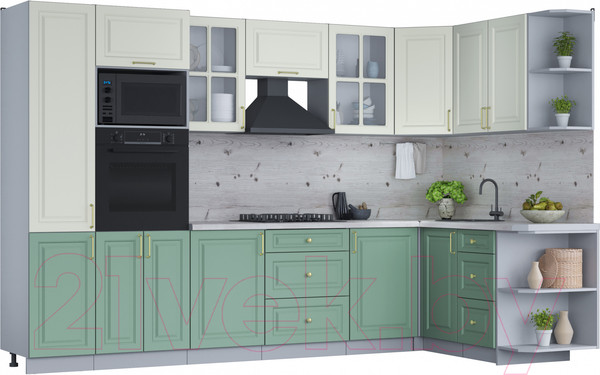 Изображение товара Кухонный гарнитур Интерлиния Мила Шато 1.68x3.2 ВТ правая (белый/мята/бискайская сосна)