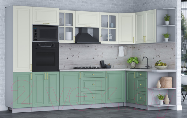 Изображение товара Кухонный гарнитур Интерлиния Мила Шато 1.68x3.2 ВТ правая (белый/мята/бискайская сосна)