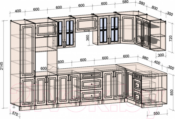 Изображение товара Кухонный гарнитур Интерлиния Мила Шато 1.68x3.4 ВТ правая (белый/белый/кастилло темный)