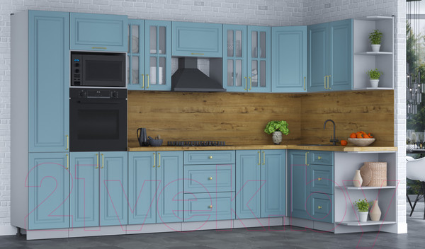 Изображение товара Кухонный гарнитур Интерлиния Мила Шато 1.68x3.4 ВТ правая (океан/океан/дуб бунратти)