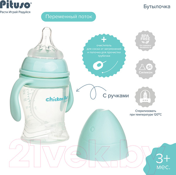 Изображение товара Бутылочка для кормления Pituso Антиколики. Широкое горло с ручками / 99000 (160мл, голубой)