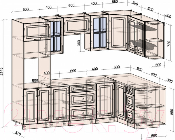 Изображение товара Кухонный гарнитур Интерлиния Мила Шато 1.68x2.6 ВТ правая (луна/луна/бискайская сосна)
