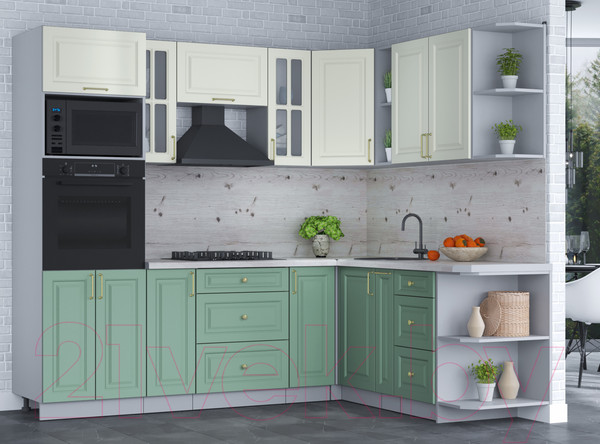 Изображение товара Кухонный гарнитур Интерлиния Мила Шато 1.88x2.4 ВТ правая (белый/мята/бискайская сосна)