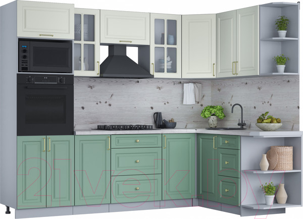 Изображение товара Кухонный гарнитур Интерлиния Мила Шато 1.68x2.6 ВТ правая (белый/мята/бискайская сосна)