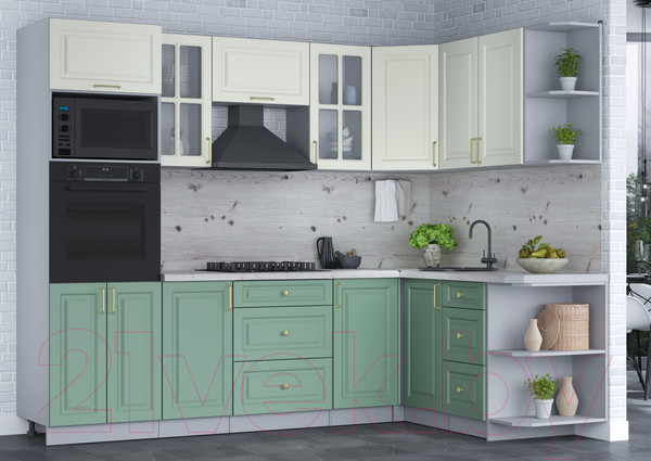 Изображение товара Кухонный гарнитур Интерлиния Мила Шато 1.68x2.6 ВТ правая (белый/мята/бискайская сосна)