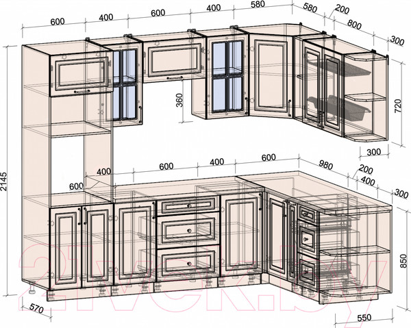 Изображение товара Кухонный гарнитур Интерлиния Мила Шато 1.88x2.6 ВТ правая (луна/луна/бискайская сосна)