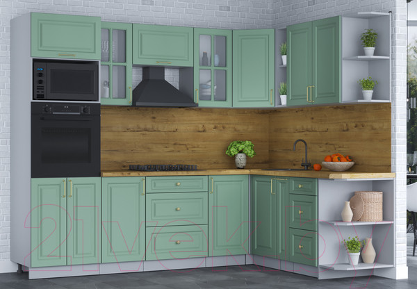 Изображение товара Кухонный гарнитур Интерлиния Мила Шато 1.88x2.6 ВТ правая (мята/мята/дуб бунратти)