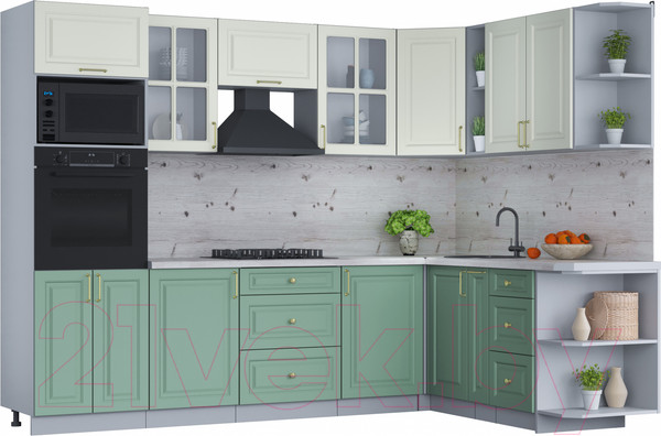 Изображение товара Кухонный гарнитур Интерлиния Мила Шато 1.88x2.8 ВТ правая (белый/мята/бискайская сосна)