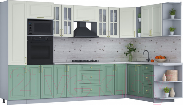 Изображение товара Кухонный гарнитур Интерлиния Мила Шато 1.88x3.4 ВТ правая (белый/мята/бискайская сосна)