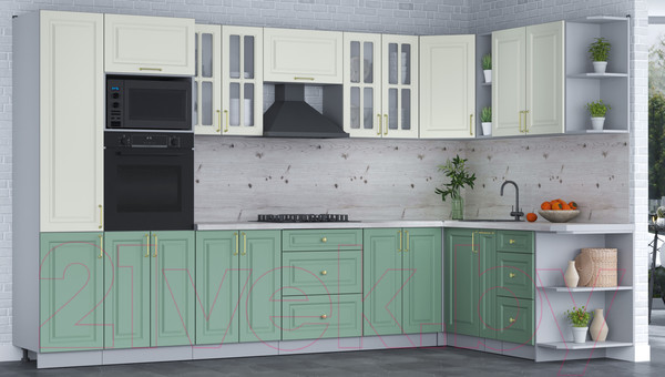 Изображение товара Кухонный гарнитур Интерлиния Мила Шато 1.88x3.4 ВТ правая (белый/мята/бискайская сосна)