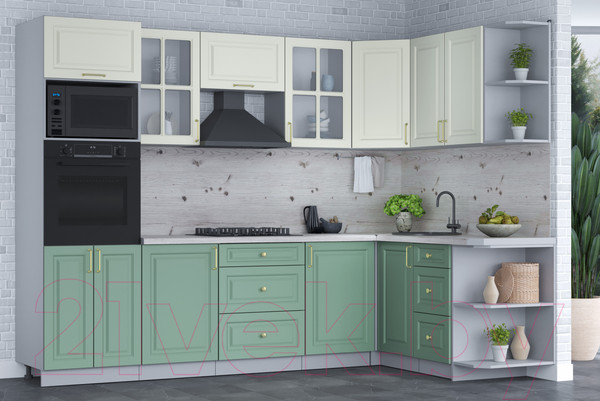 Изображение товара Кухонный гарнитур Интерлиния Мила Шато 1.68x2.8 ВТ правая (белый/мята/бискайская сосна)