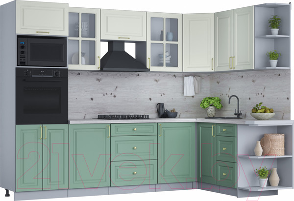 Изображение товара Кухонный гарнитур Интерлиния Мила Шато 1.68x2.8 ВТ правая (белый/мята/бискайская сосна)