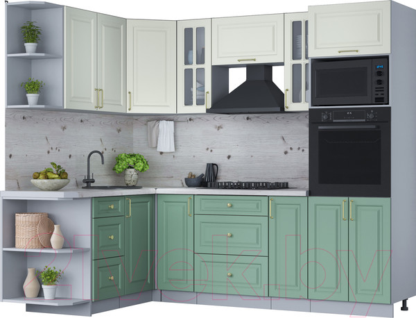 Изображение товара Кухонный гарнитур Интерлиния Мила Шато 1.68x2.4 ВТ левая (белый/мята/бискайская сосна)