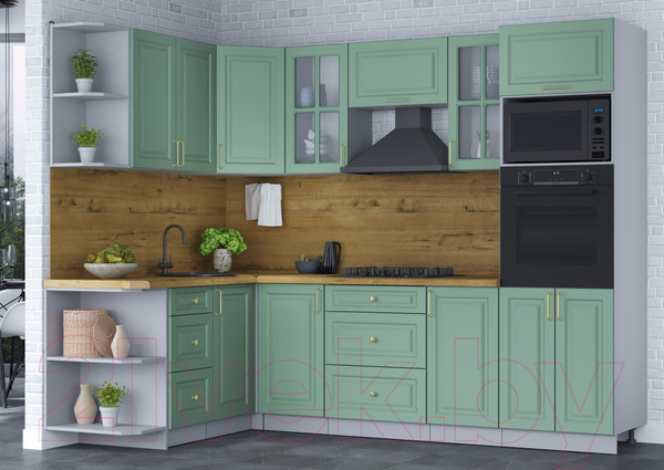 Изображение товара Кухонный гарнитур Интерлиния Мила Шато 1.68x2.6 ВТ левая (мята/мята/дуб бунратти)