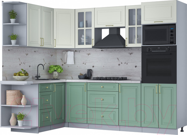 Изображение товара Кухонный гарнитур Интерлиния Мила Шато 1.68x2.6 ВТ левая (белый/мята/бискайская сосна)