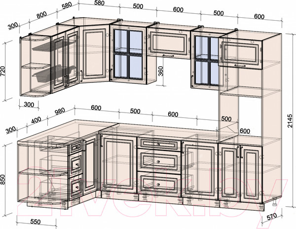 Изображение товара Кухонный гарнитур Интерлиния Мила Шато 1.68x2.8 ВТ левая (мята/мята/дуб бунратти)