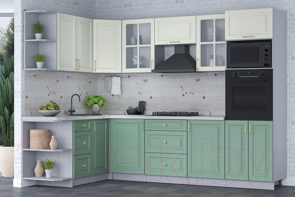 Изображение товара Кухонный гарнитур Интерлиния Мила Шато 1.68x2.8 ВТ левая (белый/мята/бискайская сосна)