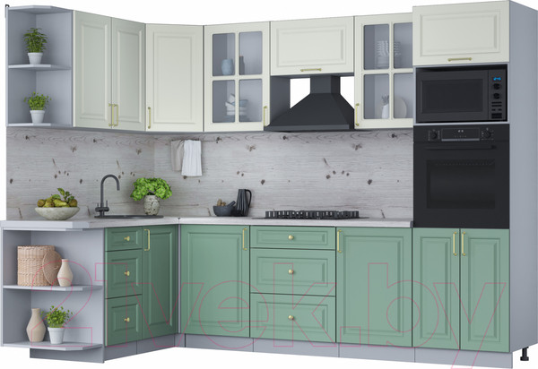 Изображение товара Кухонный гарнитур Интерлиния Мила Шато 1.68x2.8 ВТ левая (белый/мята/бискайская сосна)