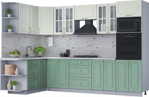 Изображение товара Кухонный гарнитур Интерлиния Мила Шато 1.68x3.0 ВТ левая (белый/мята/бискайская сосна)