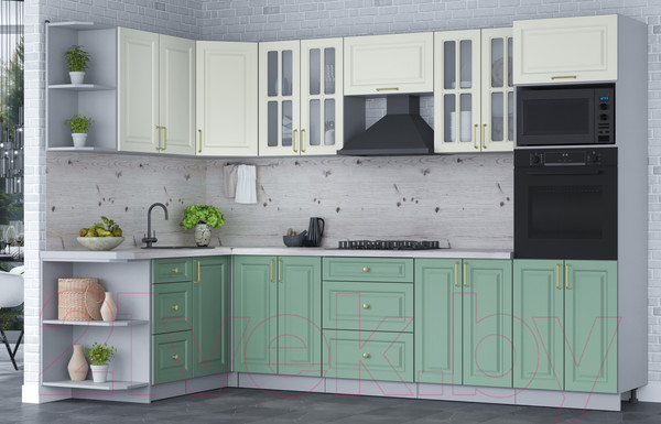 Изображение товара Кухонный гарнитур Интерлиния Мила Шато 1.68x3.0 ВТ левая (белый/мята/бискайская сосна)