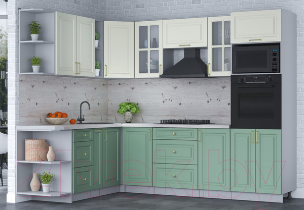 Изображение товара Кухонный гарнитур Интерлиния Мила Шато 1.88x2.6 ВТ левая (белый/мята/бискайская сосна)