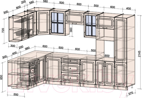 Изображение товара Кухонный гарнитур Интерлиния Мила Шато 1.88x3.2 ВТ левая (луна/луна/бискайская сосна)