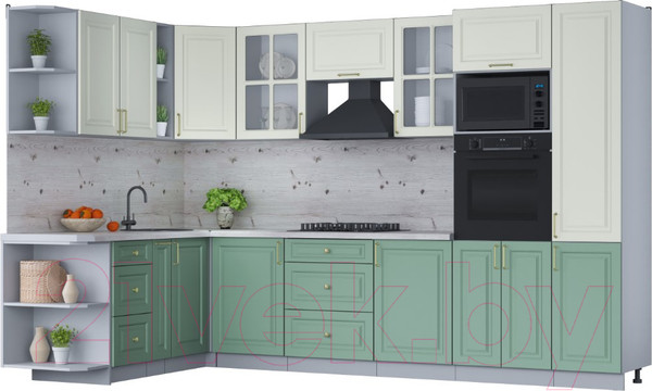 Изображение товара Кухонный гарнитур Интерлиния Мила Шато 1.88x3.2 ВТ левая (белый/мята/бискайская сосна)