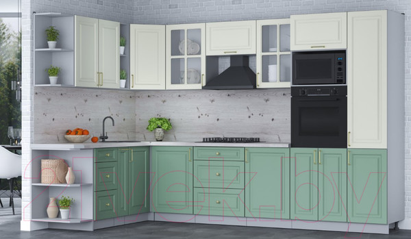 Изображение товара Кухонный гарнитур Интерлиния Мила Шато 1.88x3.2 ВТ левая (белый/мята/бискайская сосна)