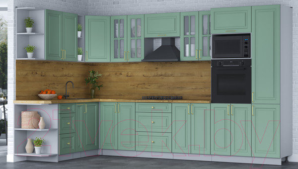 Изображение товара Кухонный гарнитур Интерлиния Мила Шато 1.88x3.4 ВТ левая (мята/мята/дуб бунратти)