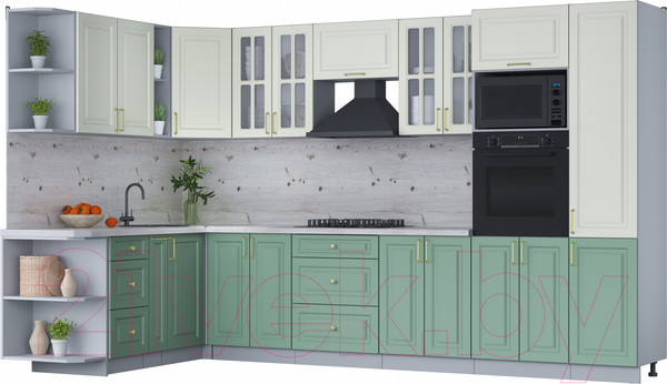 Изображение товара Кухонный гарнитур Интерлиния Мила Шато 1.88x3.4 ВТ левая (белый/мята/бискайская сосна)