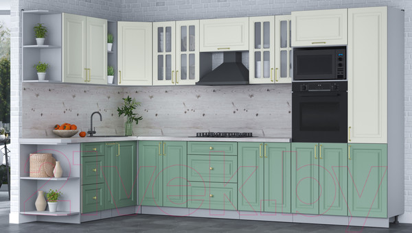 Изображение товара Кухонный гарнитур Интерлиния Мила Шато 1.88x3.4 ВТ левая (белый/мята/бискайская сосна)