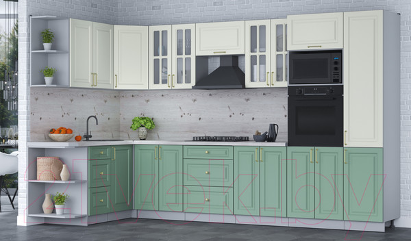 Изображение товара Кухонный гарнитур Интерлиния Мила Шато 1.68x3.4 ВТ левая (белый/мята/бискайская сосна)