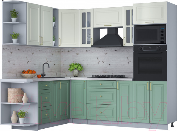 Изображение товара Кухонный гарнитур Интерлиния Мила Шато 1.88x2.4 ВТ левая (белый/мята/бискайская сосна)