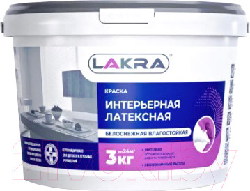 Изображение товара Краска Лакра Латексная интерьерная влагостойкая матовая (3кг, белоснежный)