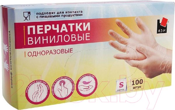 Изображение товара Перчатки одноразовые A.D.M Виниловые VIN001A (S, 100шт)