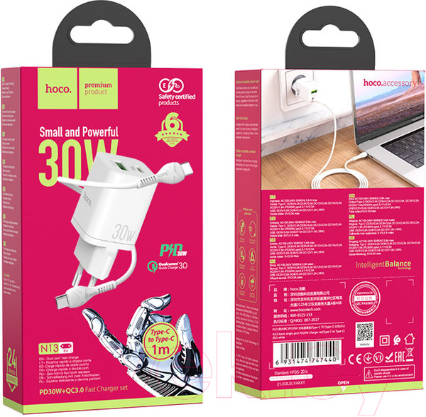 Изображение товара Зарядное устройство сетевое Hoco N13 PD30W+QC3.0 USB Type-C-Type-C (белый)