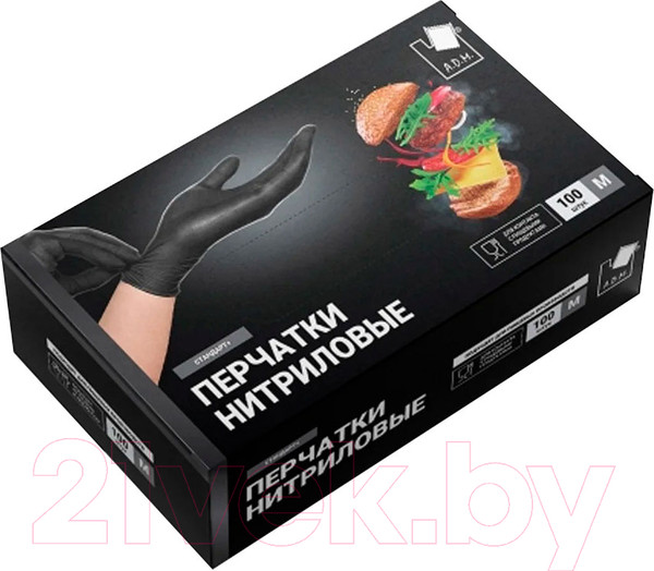 Изображение товара Перчатки одноразовые A.D.M Нитриловые SEMPB2 (M, 100шт, черный)
