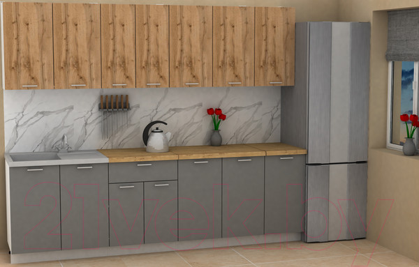 Изображение товара Кухонный гарнитур Eligard Lion 2.6 (дуб натуральный/дымчатый алмаз/дуб бунратти)