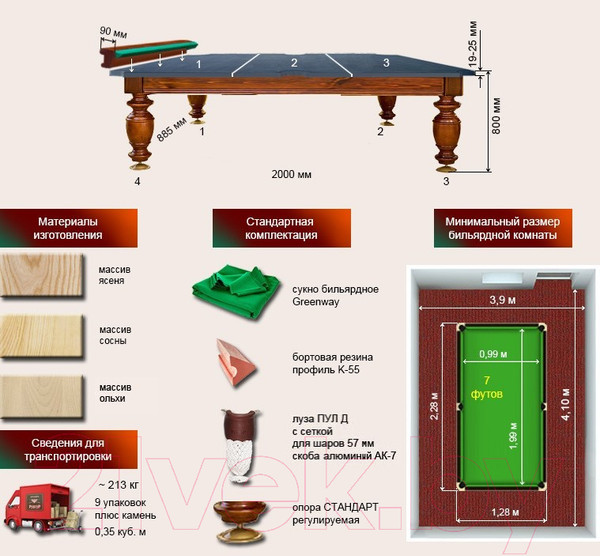 Изображение товара Бильярдный стол РуптуР Виконт / 210.00.07 (07ф, сосна, борт ольха)