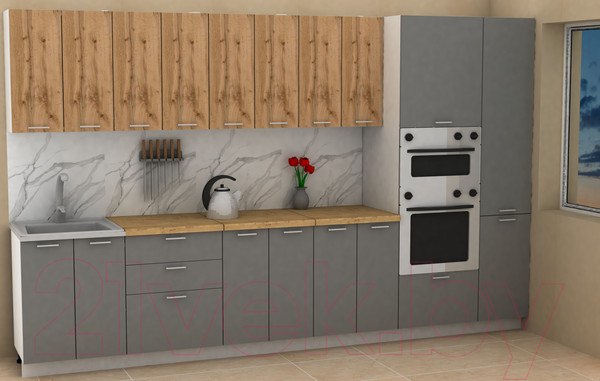 Изображение товара Кухонный гарнитур Eligard Lion 3.4 (дуб натуральный/дымчатый алмаз/дуб бунратти)