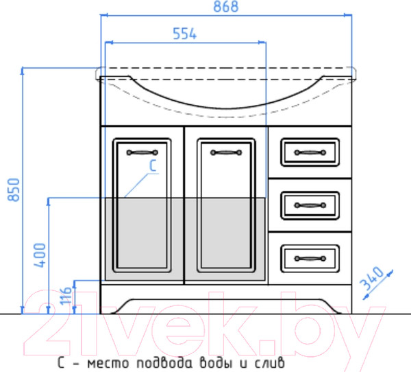 Изображение товара Тумба под умывальник Style Line Олеандр-2 90 3 ящика (для классической раковины)