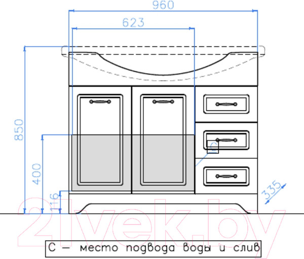 Изображение товара Тумба под умывальник Style Line Олеандр-2 100 3 ящика (для классической раковины)