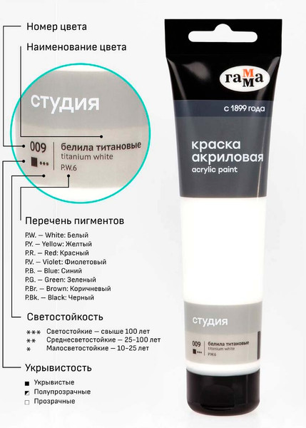 Изображение товара Акриловая краска ГАММА Студия 009 / 2802110009 (110мл, белила титановые)